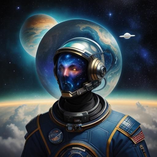 Astronaut in Space: Surreal Shin Hanga Woodblock Print