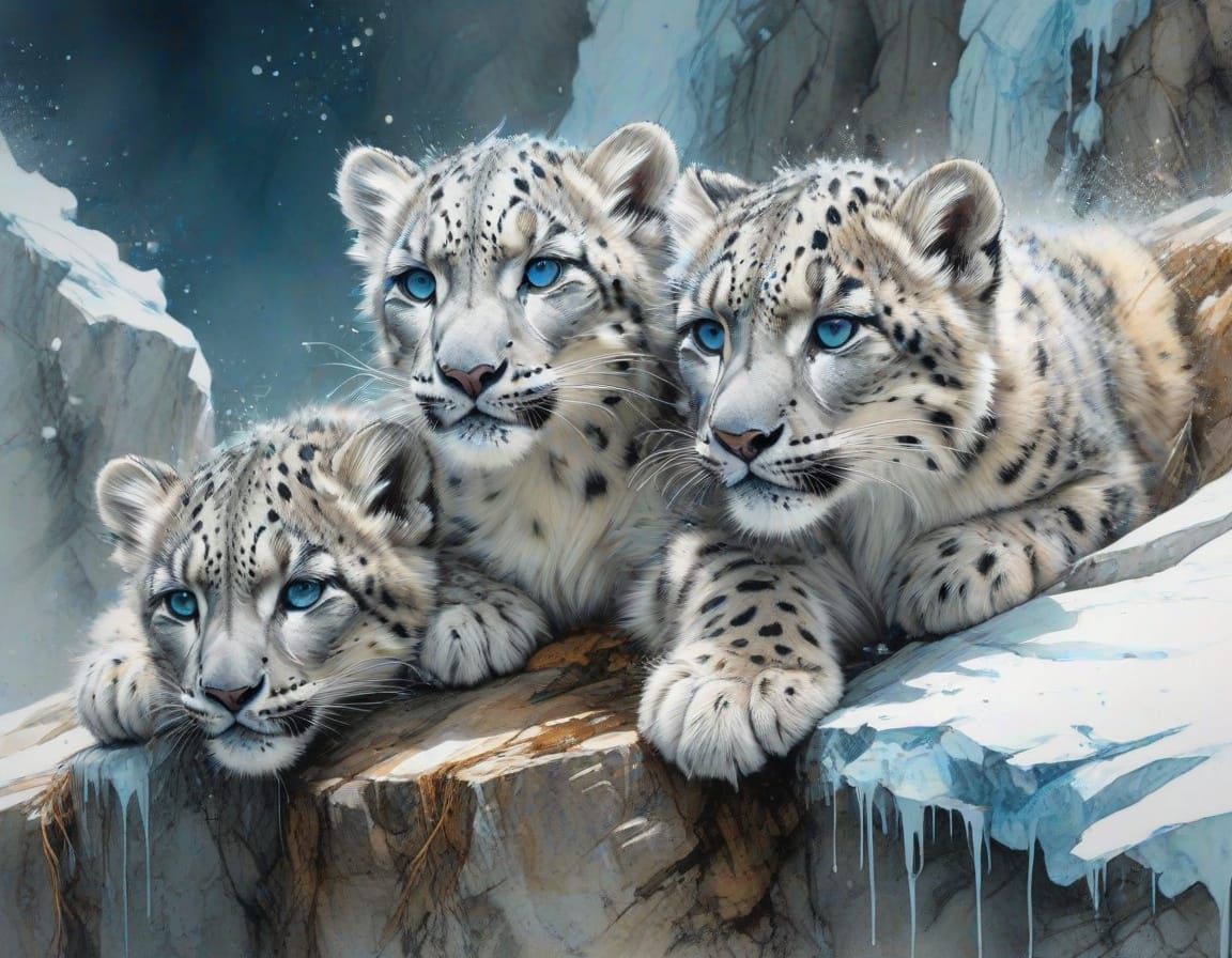 Snow Leopard Cubs on Frosty Cliff, Watercolour Style