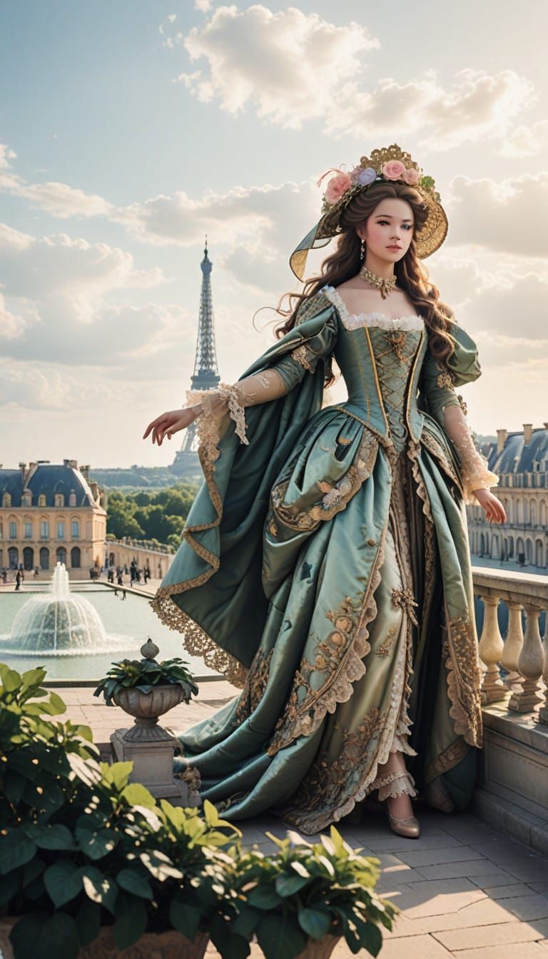Elegant Woman Overlooks Versailles Gardens with Majestic Pal...
