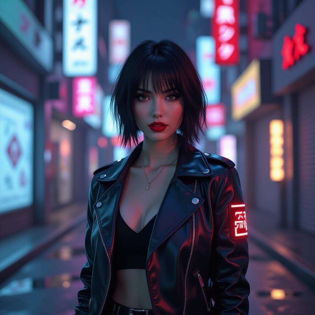 Neon Tokyo: Confident Woman in Futuristic Alleyway