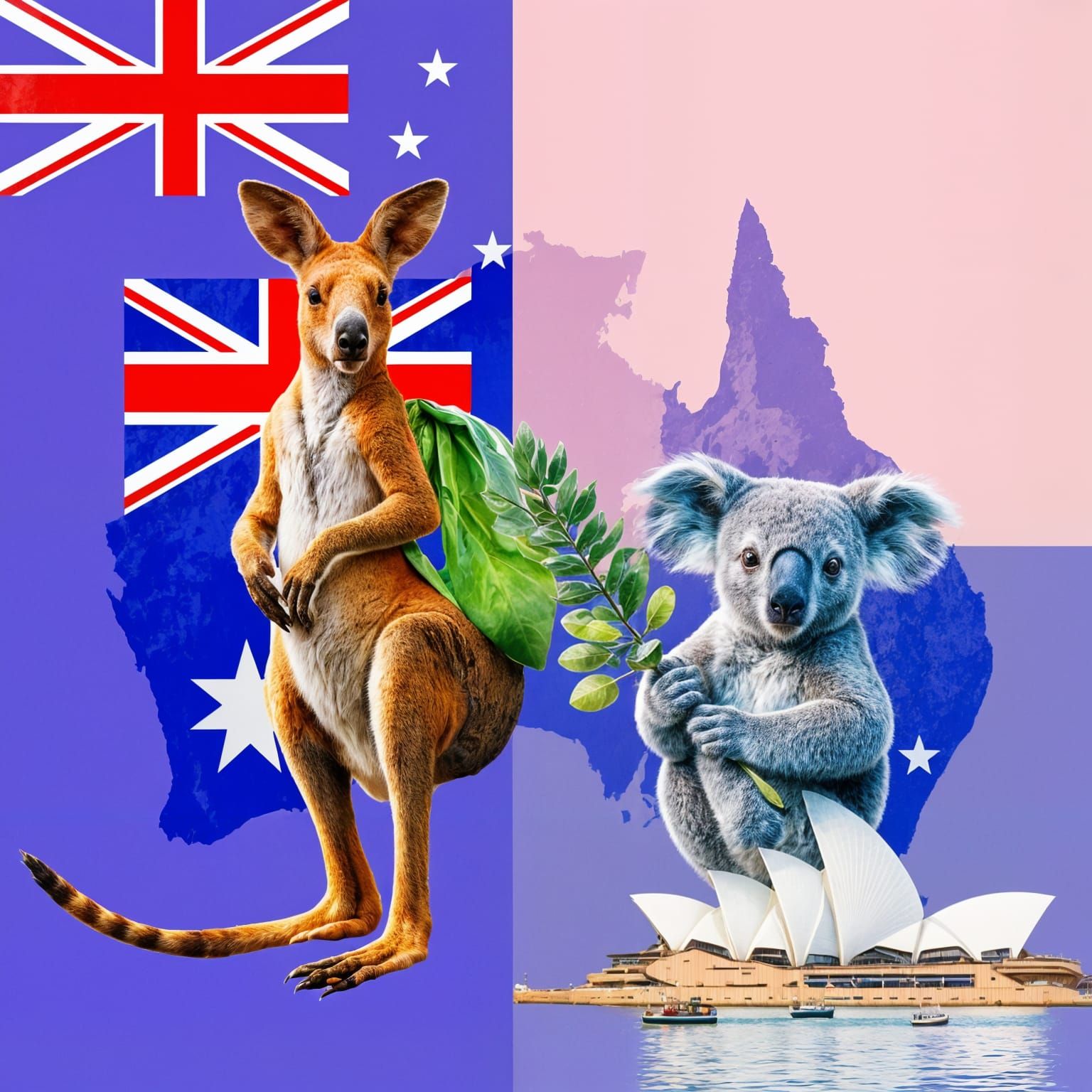 Australia Flag Double Exposure with Iconic Symbols