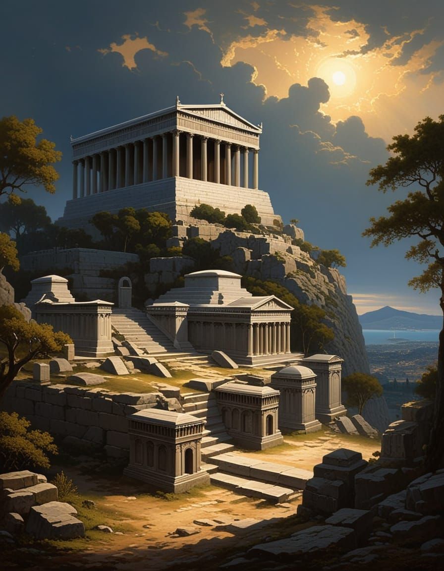 Dramatic Landscape Painting of the Mausoleum at Halicarnassu...