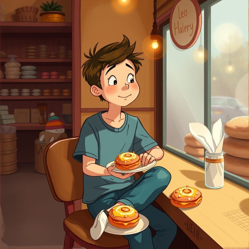 Whimsical Baker Enjoying a Sweet Treat in a Cozy Bakery