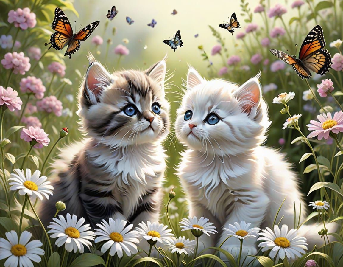 Pencil Sketch of Two Adorable Kittens Playing in a Garden