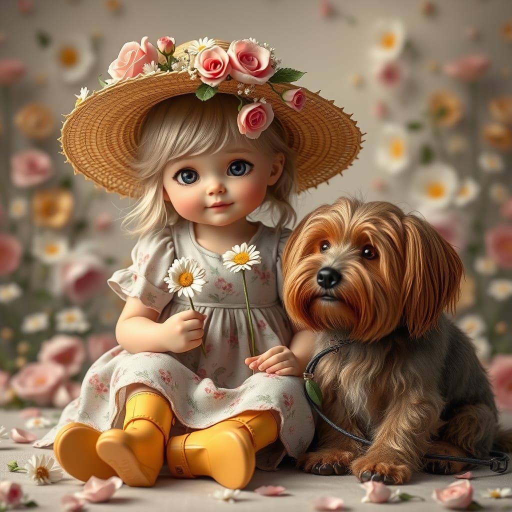 Girl with Dog in Floral Setting: Digital Art
