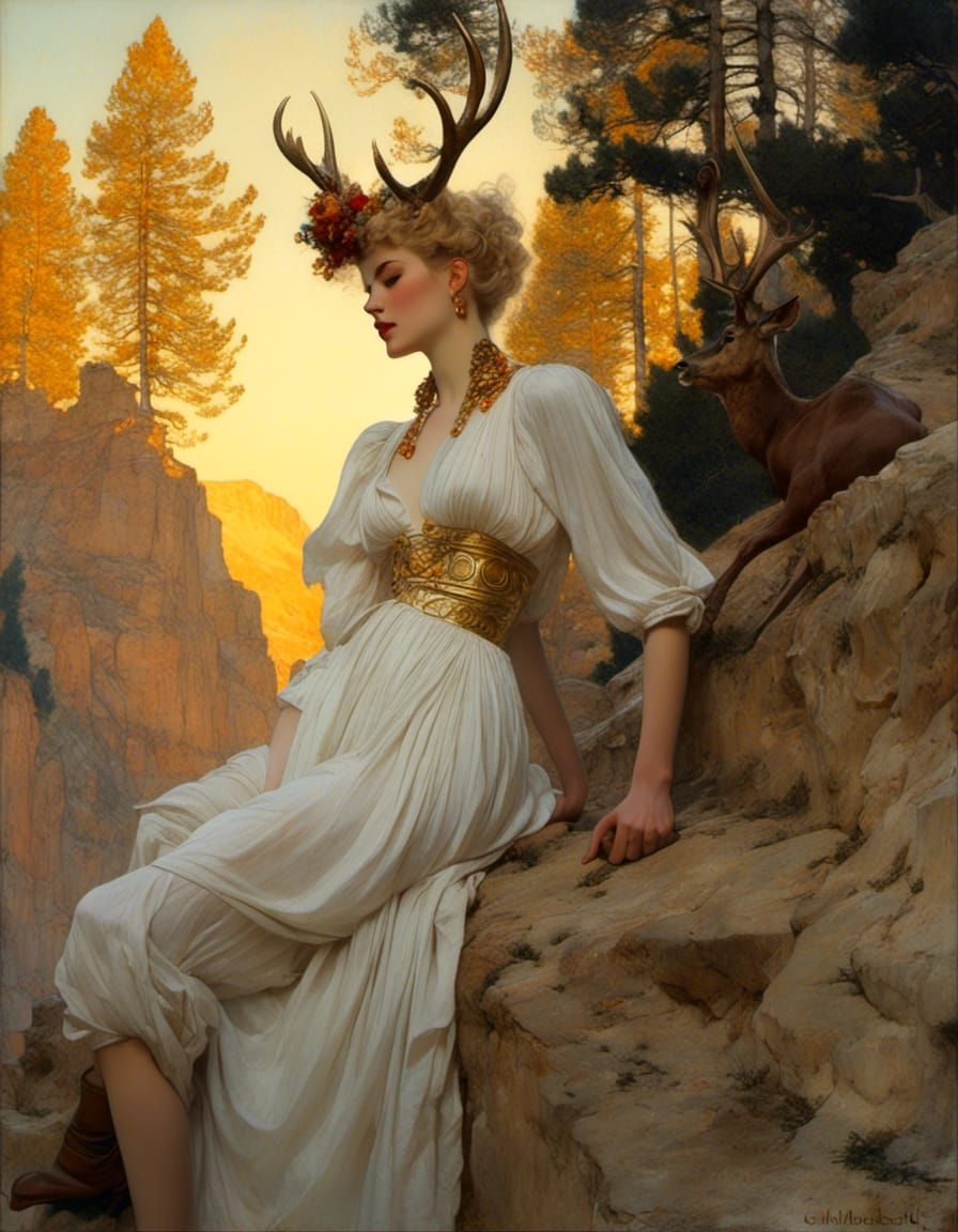Sunset Featuring Woman with Antlers in Art Nouveau Style