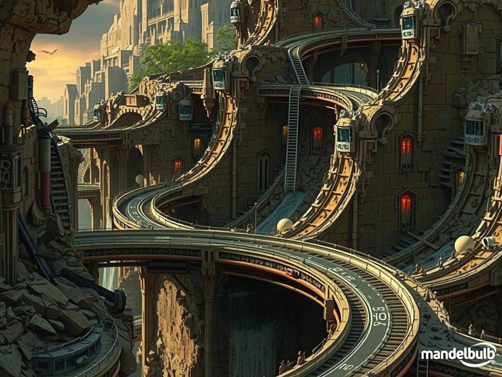 Surreal Sci-Fi Cityscape in Ruins with Waterfalls