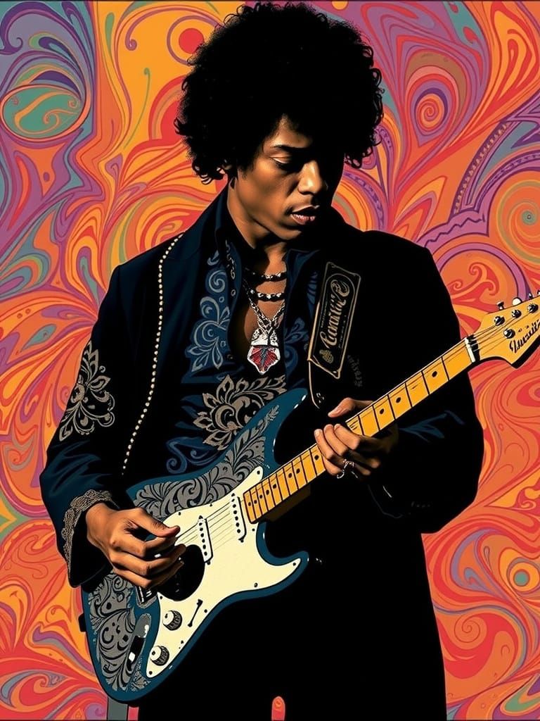 Silhouette. Poster art. Dark Silhouette image of Jimi Hendri...