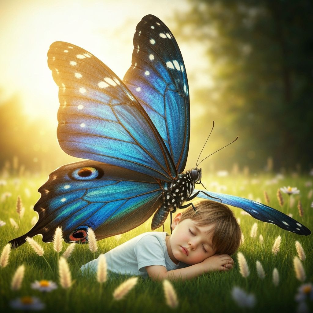 Giant Butterfly Shelters Sleeping Boy from the Sun