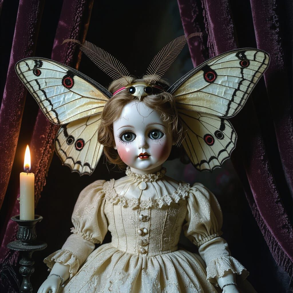 Creepy Vintage Doll Fused With Giant Moth in Gothic Horror S...