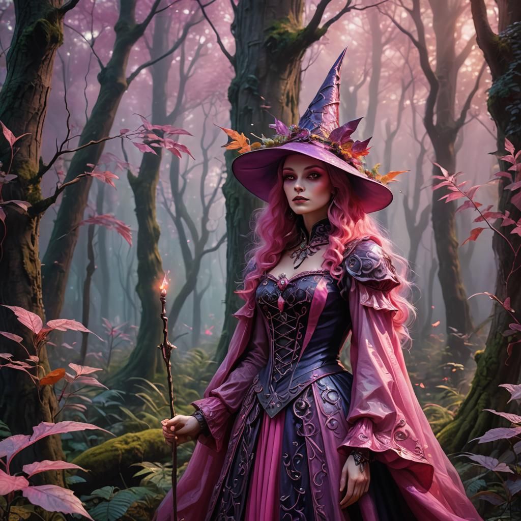Pink Witch Coquette in Forest: Oil Painting Style