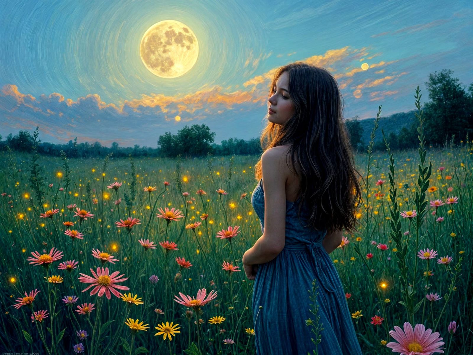 Twilight Impressionist Scene of Wildflowers and Fireflies