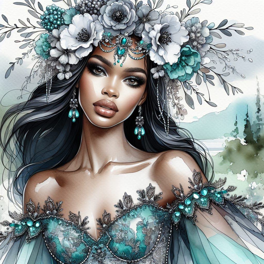 Elegant Woman with Floral Crown in Watercolor Style