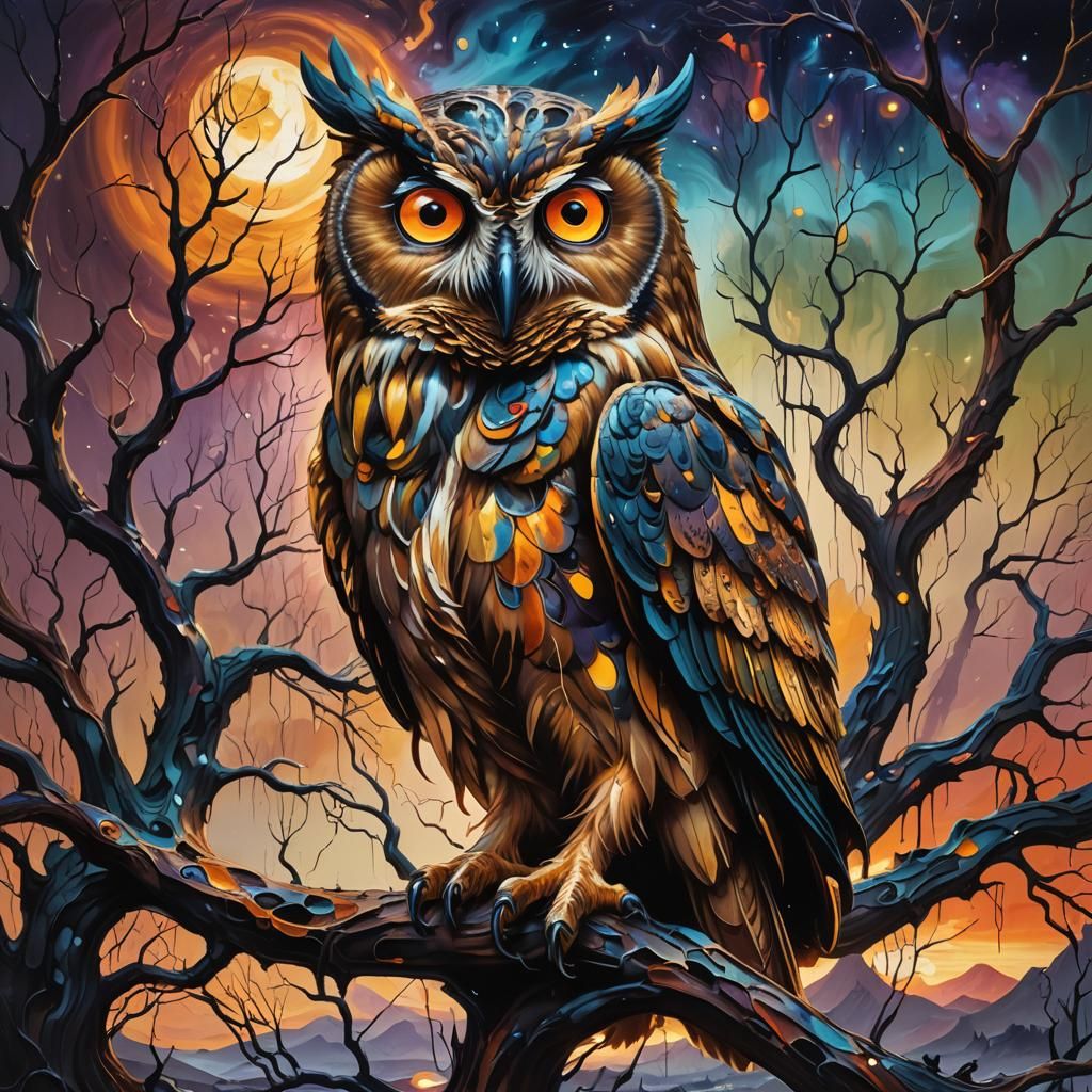 Cosmic Owl in Melting Surrealist Landscape