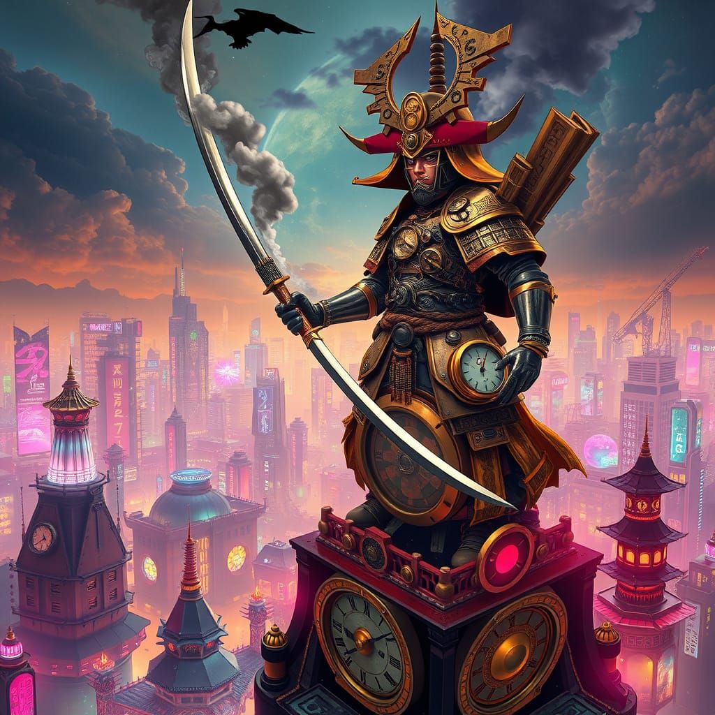 Steampunk Samurai Overlooking Cyberpunk City