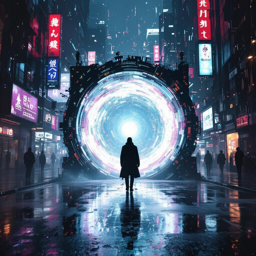 Cyberpunk Data Vortex Erupts on Rainy City Street