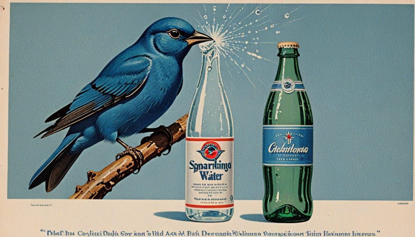 Retro Sparkling Water Ad with Happy Blue Sonbird