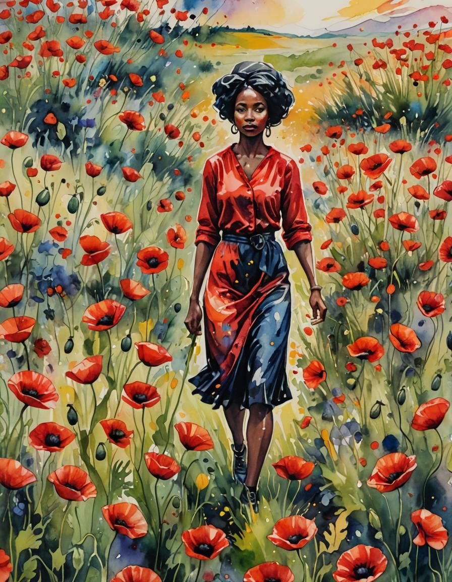Poppies and Woman in Vivid Watercolor