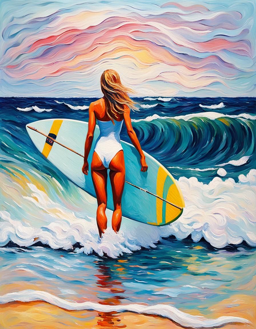 Pastel Surfer Logo in Expressionist Oil Painting Style