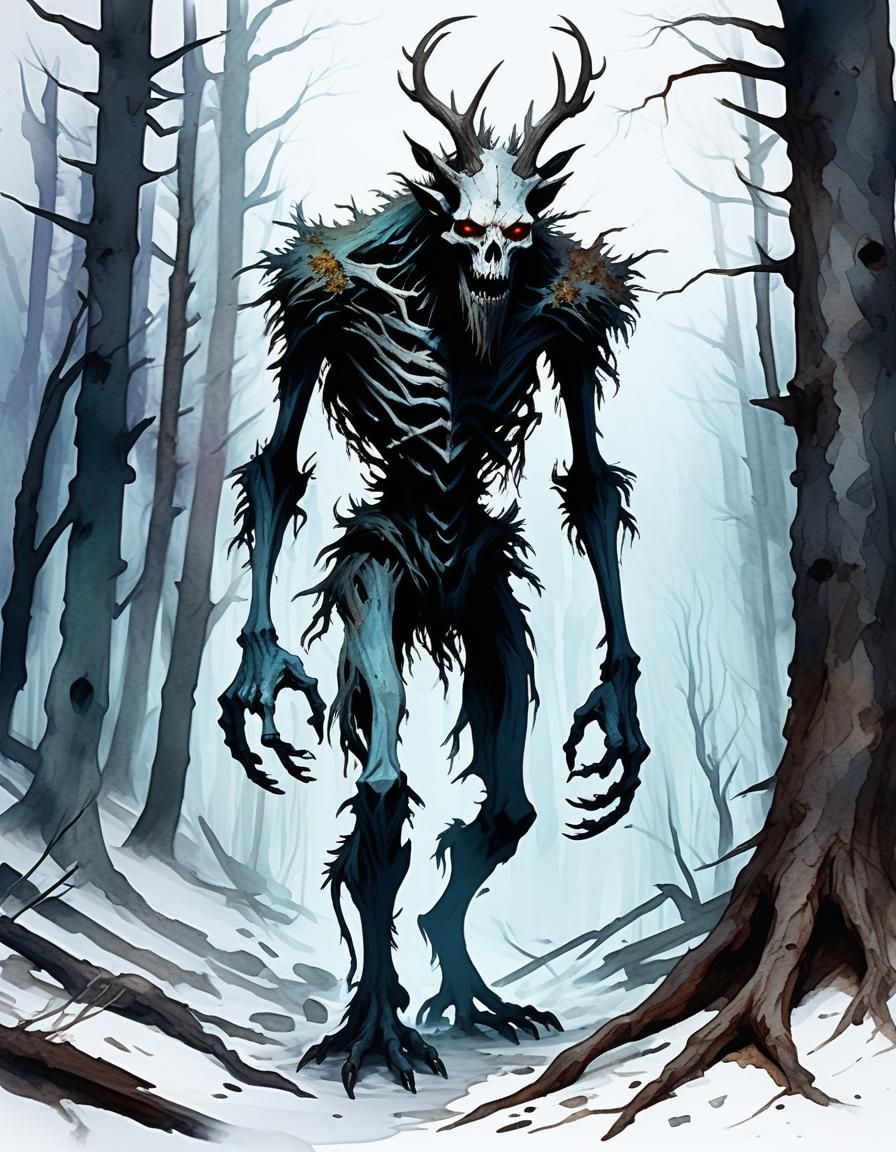 Wendigo in Dead Forest: Rozalski-Style Watercolor