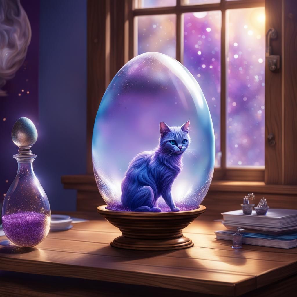 Blue and Purple Cat Emerges from Glass Egg