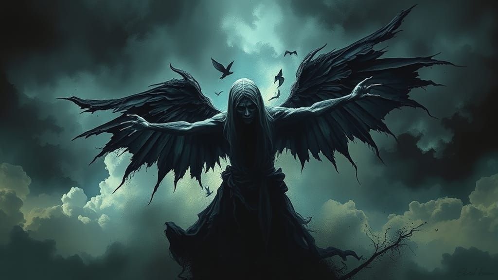 Tormented Figure Pleads Amidst Dark Stormy Skies