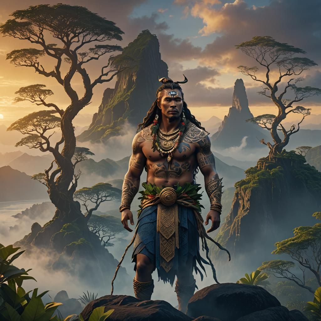 Mystical Hawaiian Huna Warrior Priest at Sunset