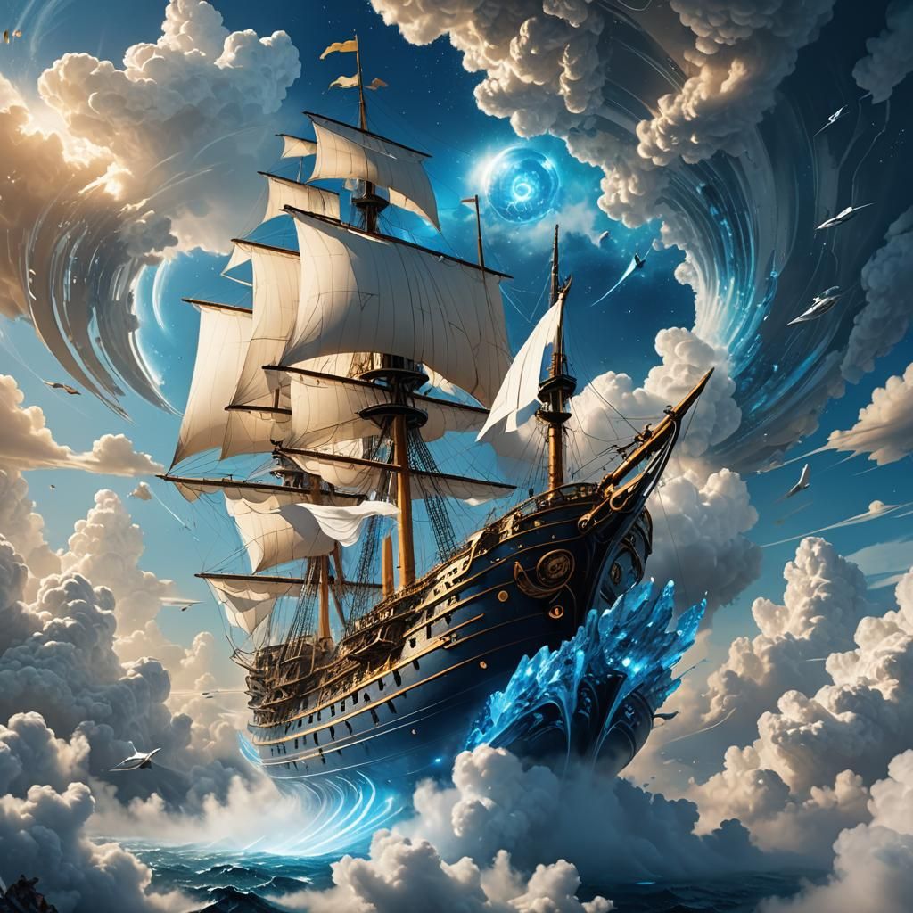 Majestic Flying Ship with Magical Crystals