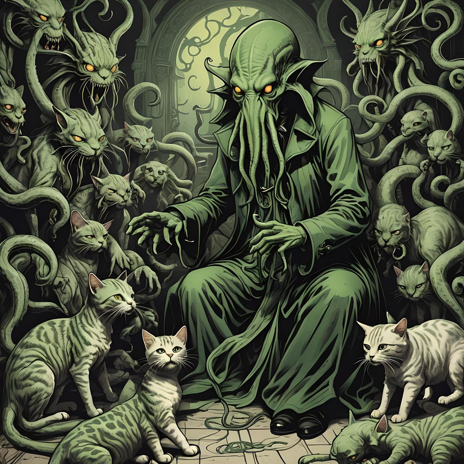 Cthulhu Petting Cats: A Surreal Scene