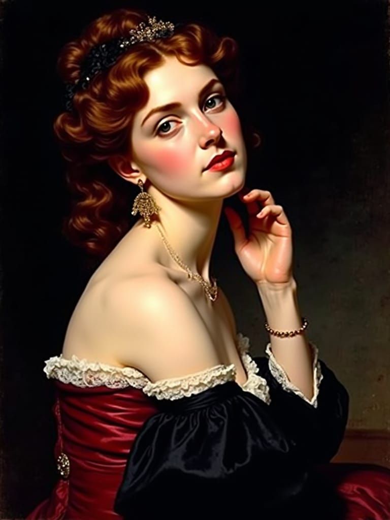 Victorian Woman in Red and Black, Dreamy Vignette