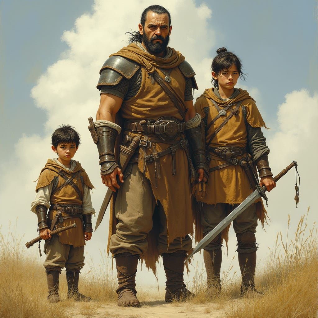 Weary Father Stands Between His Brave Sons in a Medieval Fan...