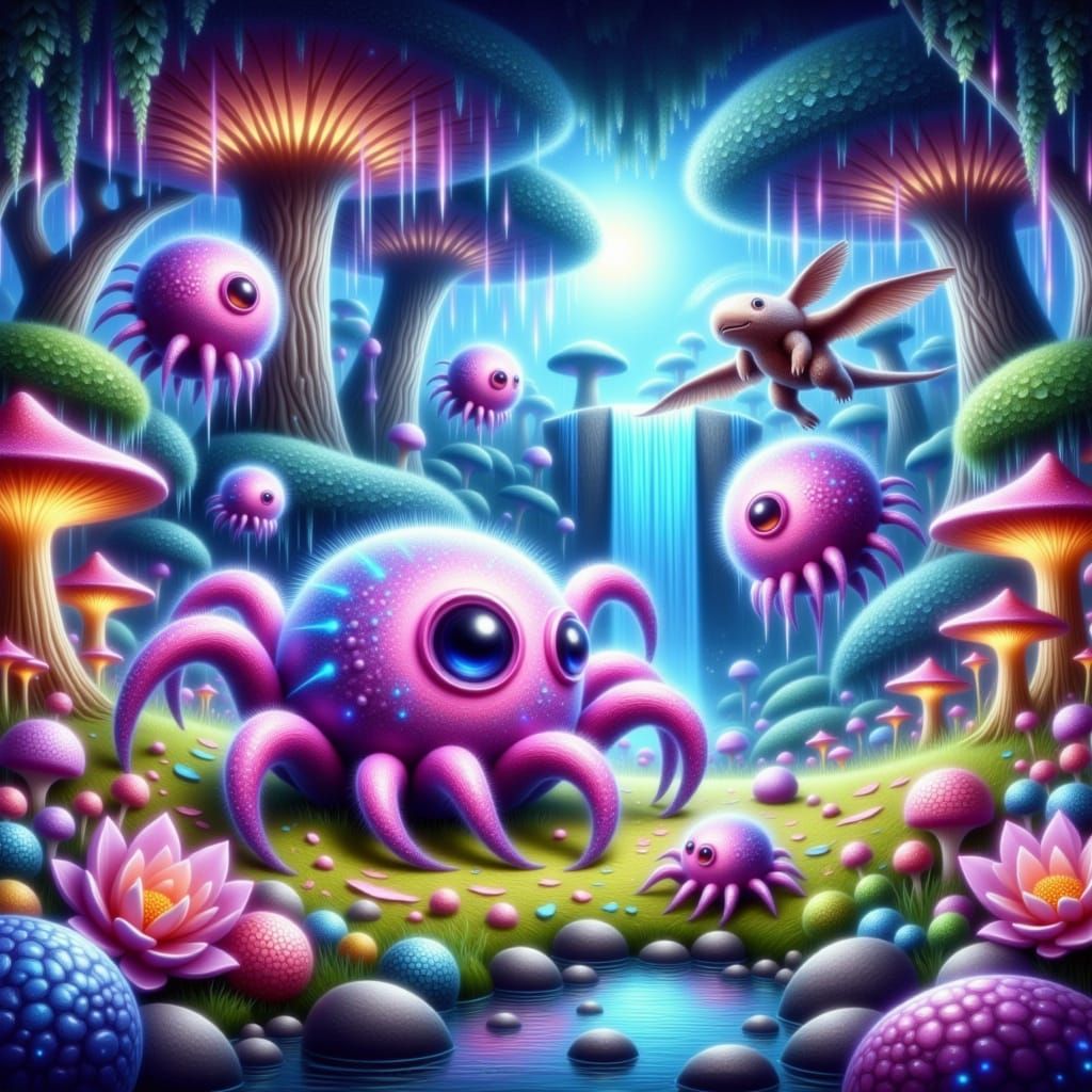 Whimsical Magical Landscapes with Playful Spider-Octopi