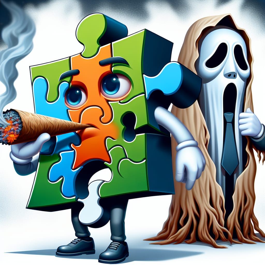 Jigsaw Puzzle Man Smoking with Ghost Figure