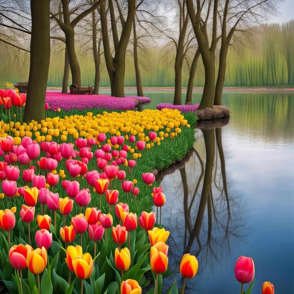 Colorful Tulips Field by a Lake