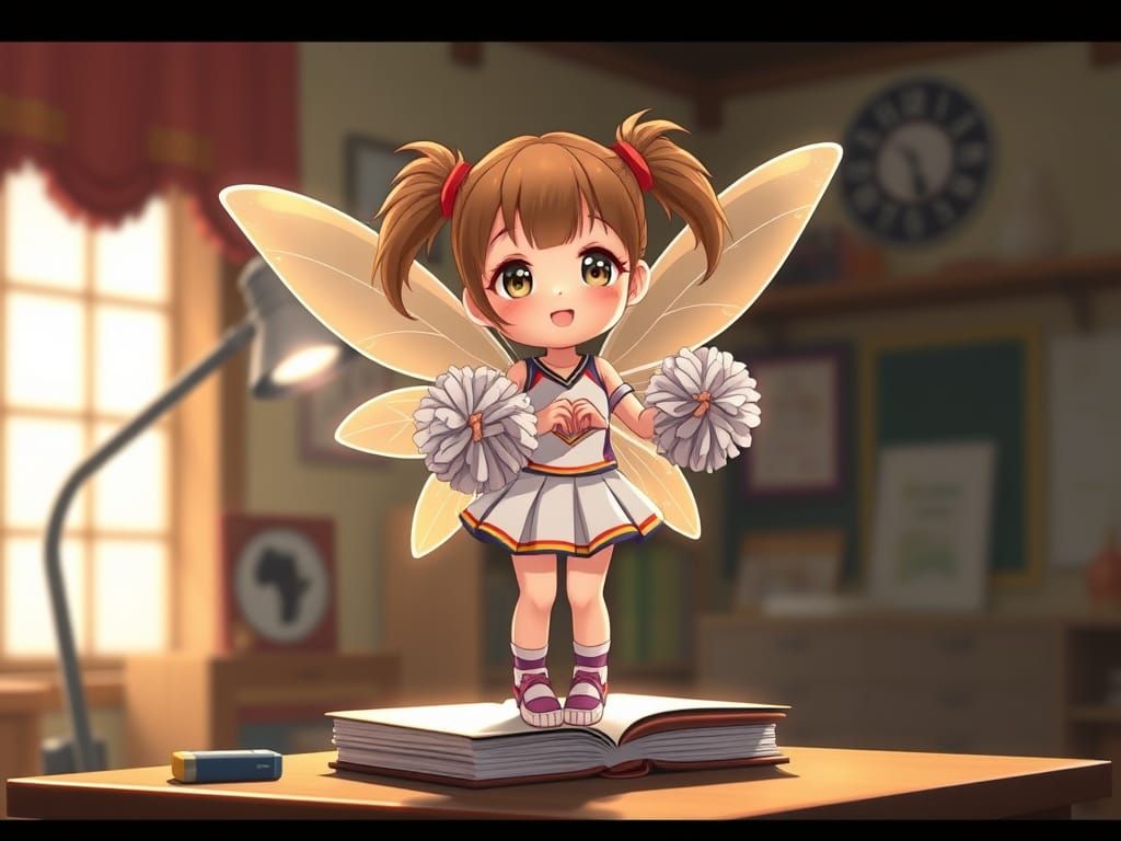 Tiny Pixie Cheerleader on Desk, in Anime Style