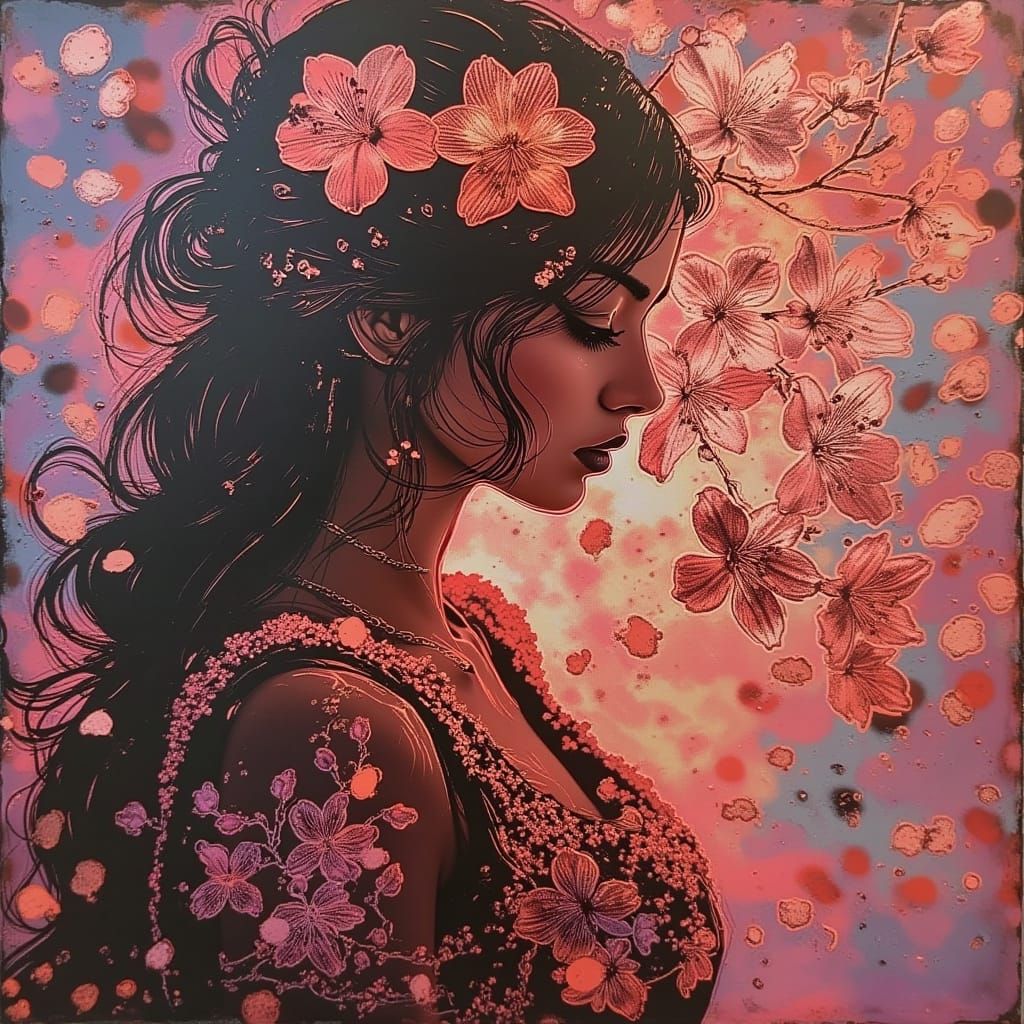 Woman Whispering Secrets with Flowers, Digital Matte Paintin...