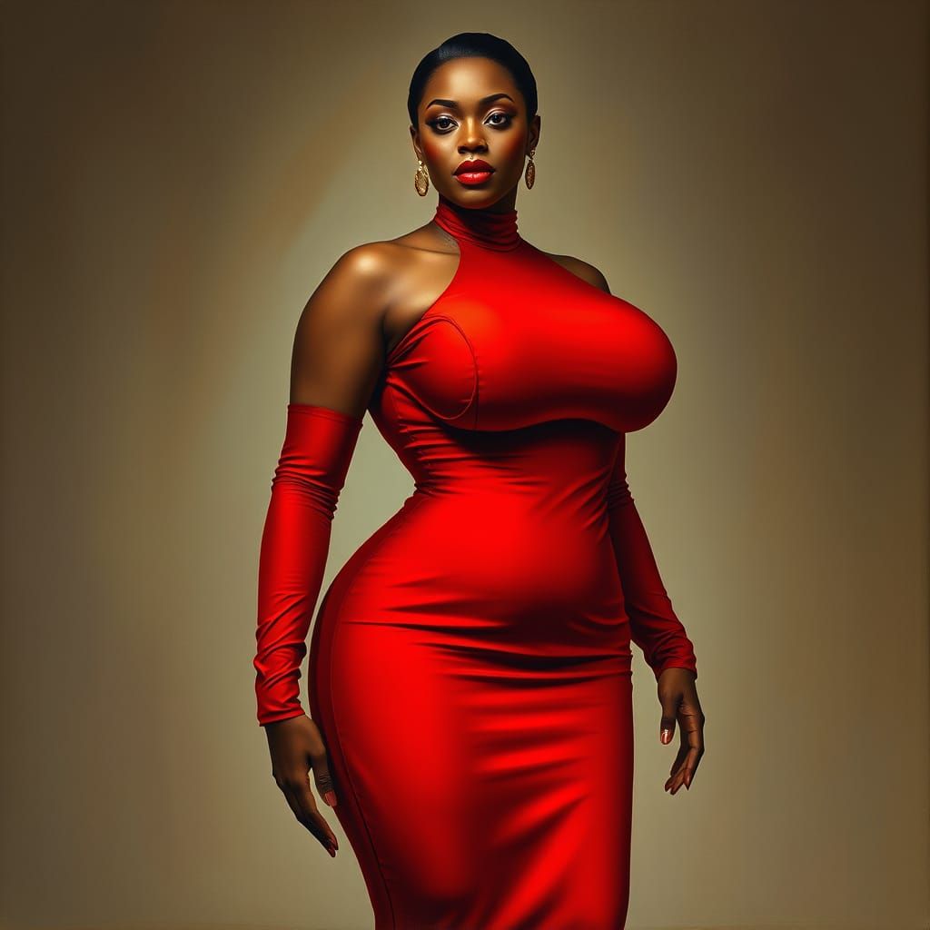 A voluptuous black woman with a dramatically large chest, dressed in a form-fitting red dress that accentuates her curve...