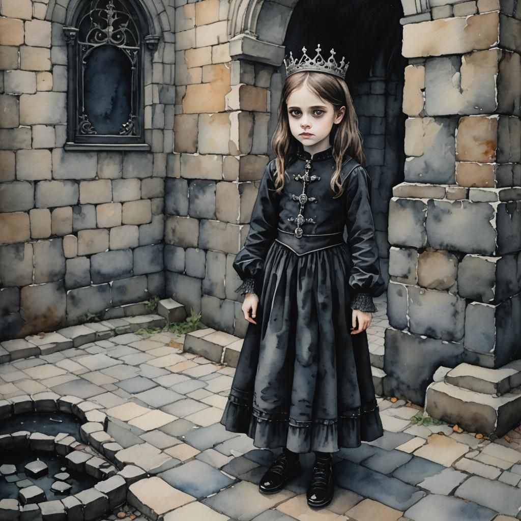 Gothic Dark Princess Next to Well in Watercolor