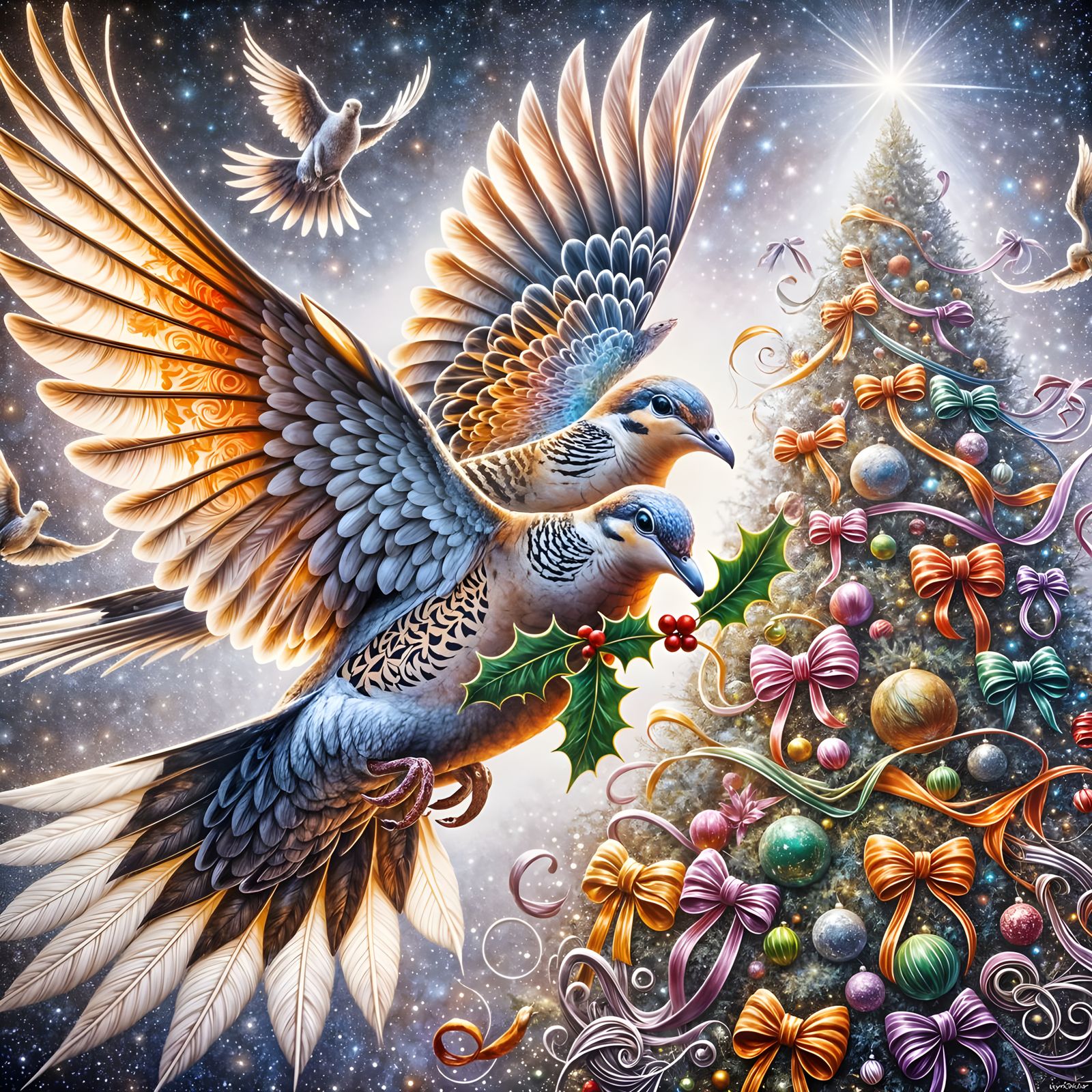 Two Turtle Doves Fly with Holly, Christmas Tree Background