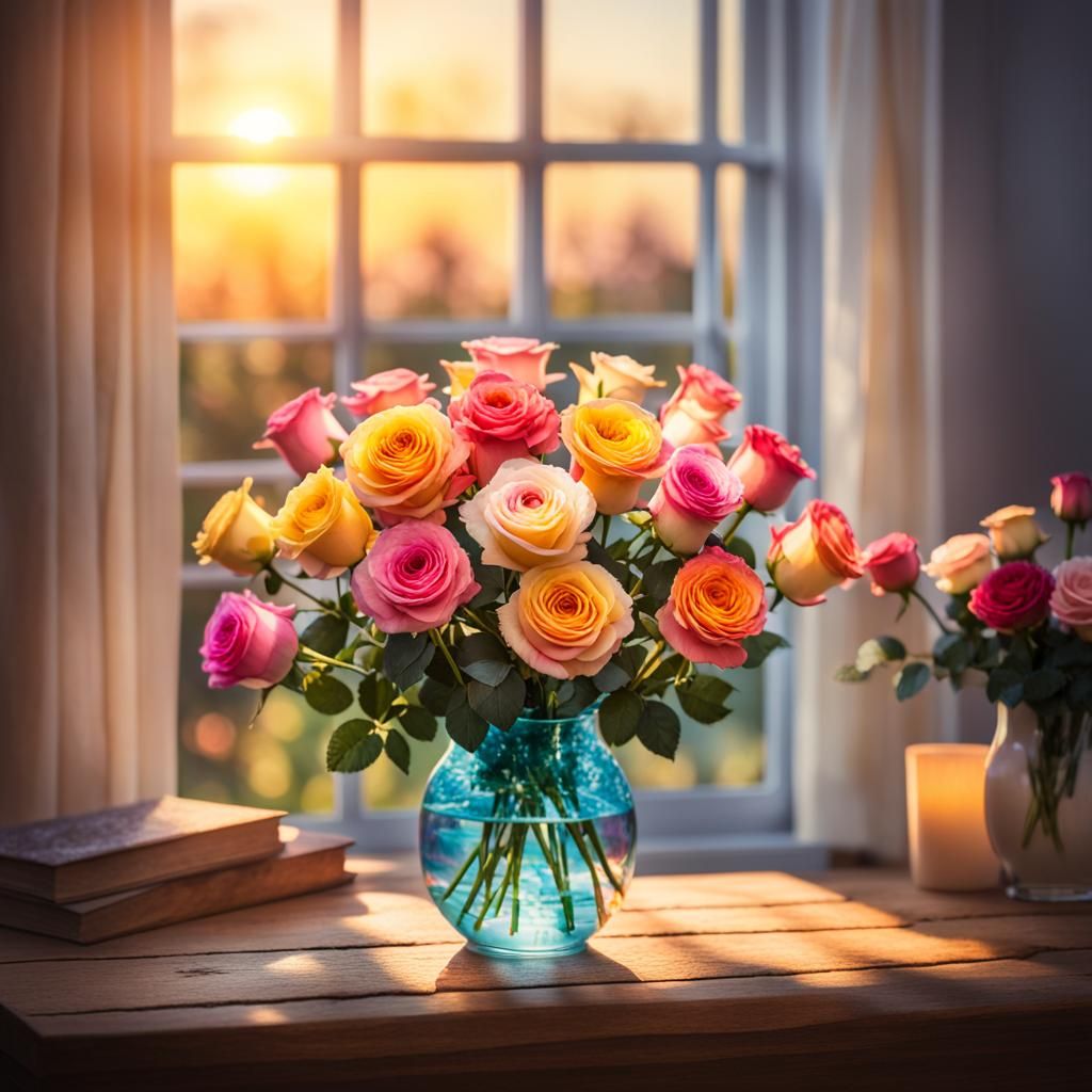Colorful Roses Bouquet at Sunset