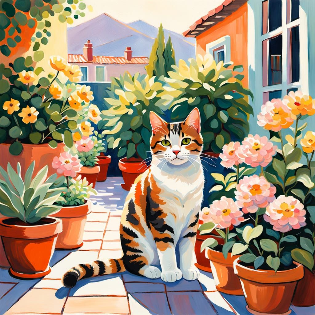 Tabby Cat in Flowerpot Garden, Impressionist Style