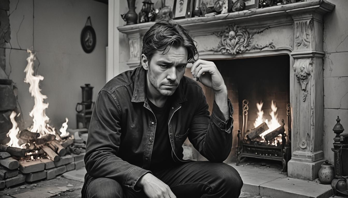 Sad Man by Fireplace in Grayscale