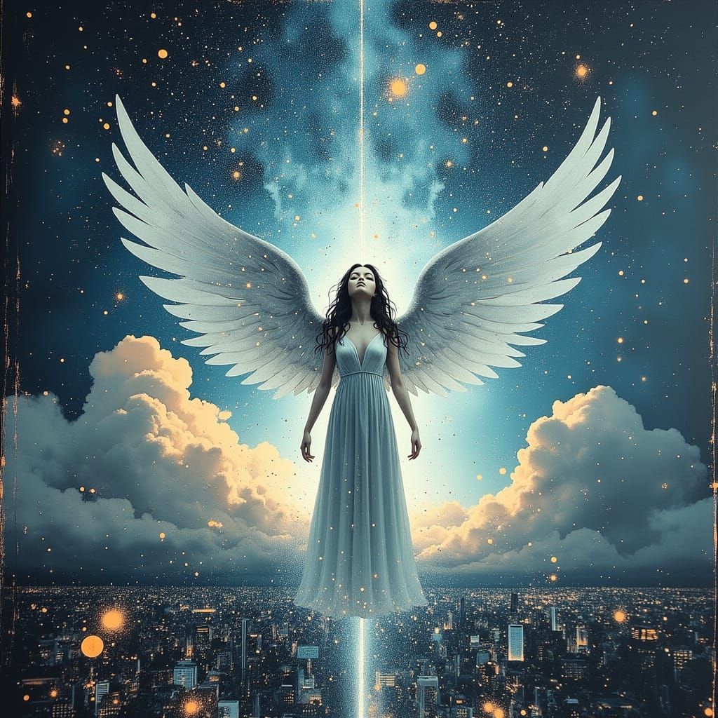 Angel Descends to Futuristic Cityscape in Celestial Sky