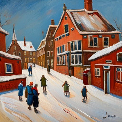 Dutch Village Winter Scene in Post-Impressionist Style