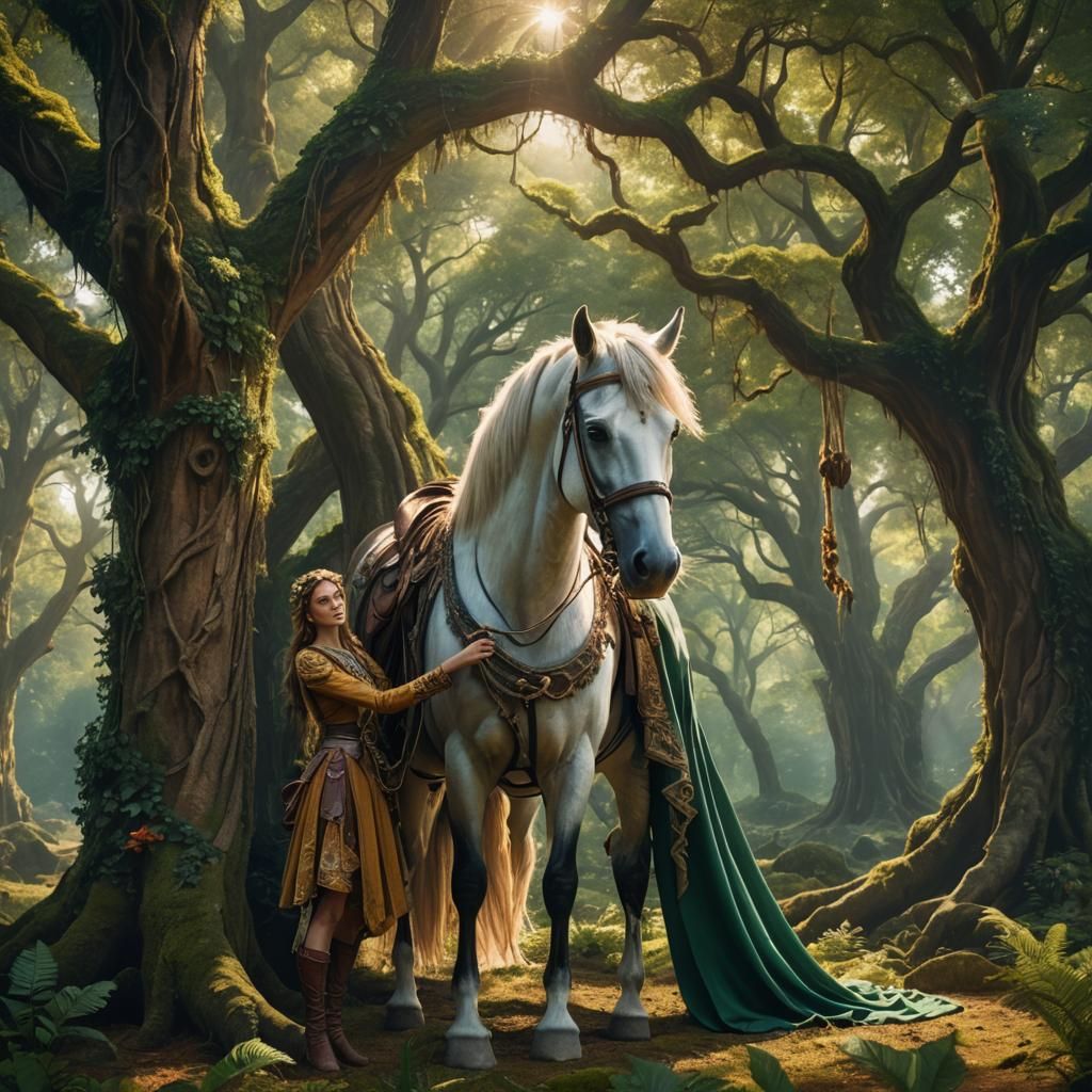 Girl, Horse, and Ancient Tree: Fantastical Digital Painting