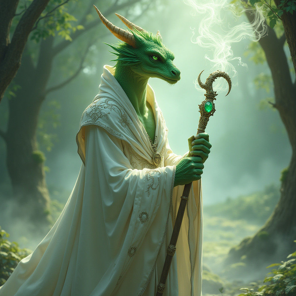 Mystical Green Dragonborn Sorcerer in Ethereal Mist