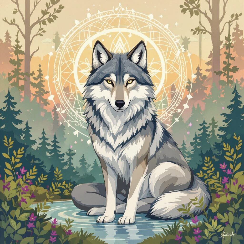Serene Wolf in Lotus Position with Calming Aura