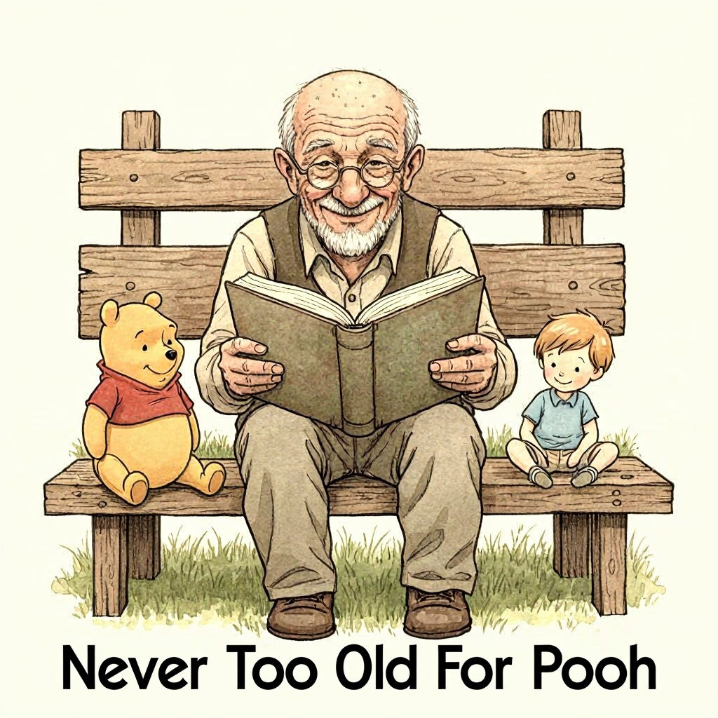 Old Man Reading with Winnie the Pooh and Christopher Robin