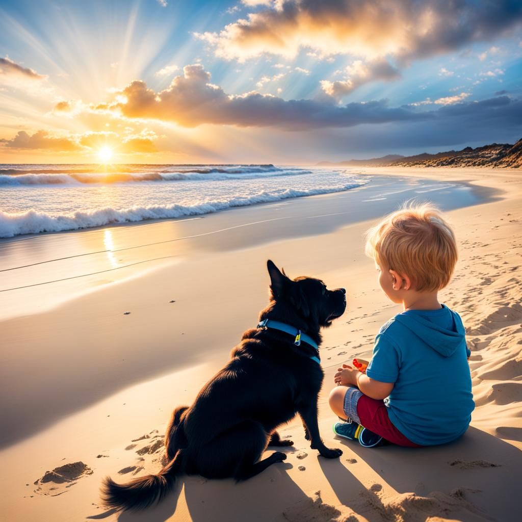 Toddler and Dog Enjoying Beach Sunset