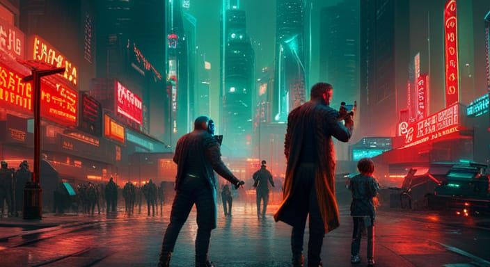 Cyberpunk Gang Warfare in Neon Cityscape